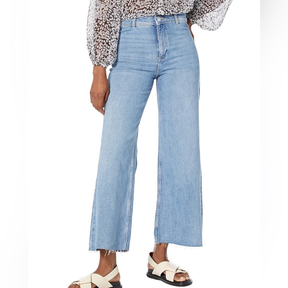 Mango Catherine High Waist Wide Leg Cropped Jeans with Frayed Hem Size 8